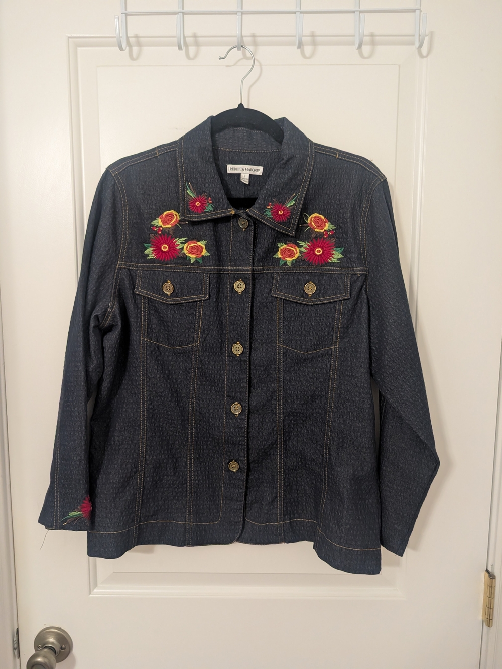 Rebecca Malone L Dark Denim Floral Embroidered Jacket Boho Western Vintage